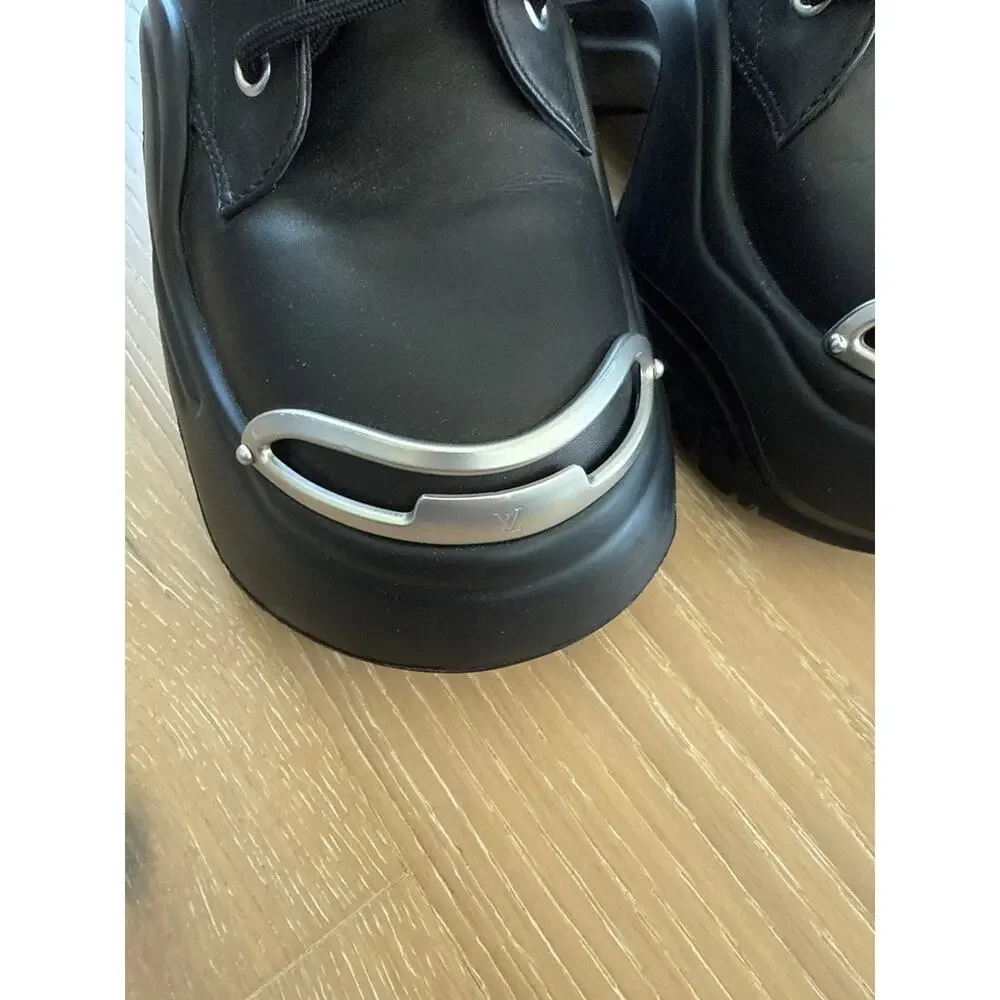 Louis Vuitton Leather Studded Accents Combat Boots w Chains Size 37 Black Silver